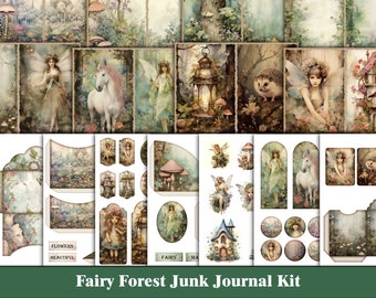 May include: A digital scrapbooking kit with a fairy forest theme. The kit includes images of fairies, unicorns, mushrooms, lanterns, and a small cottage. The text "Flowers Beautiful" and "Fairy" are included in the kit.
