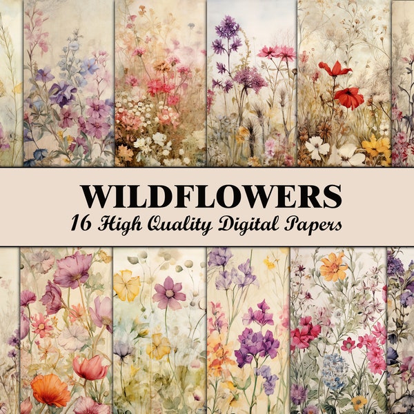 Papier de scrapbooking floral Wildflower Junk Journal Pages Summer Meadow Paper Imprimable Digital Flower Background Light Flowers Collage Sheet