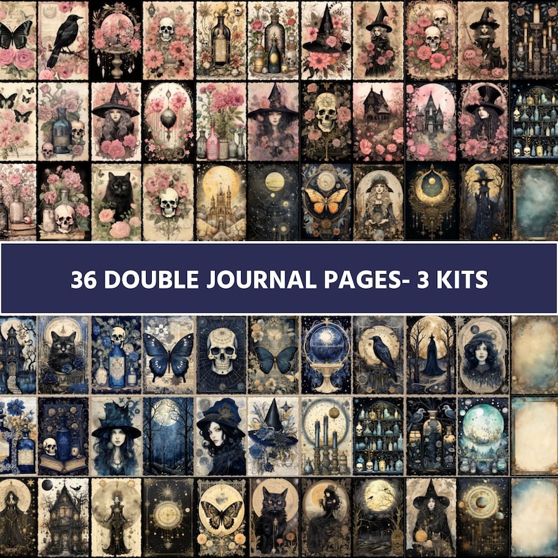 May include: A collage of 36 double journal pages, featuring a dark, whimsical aesthetic. The pages are divided into three kits, each with a unique theme. The images include black cats, skulls, butterflies, witches, and other magical elements. The pages are perfect for journaling, scrapbooking, or crafting.