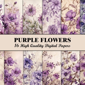 Florales Scrapbook-Papier, lila Junk-Journal-Seiten, rosa Papier, druckbare digitale Vintage-Blumen-Hintergrund, botanische violette Lavendelblüten