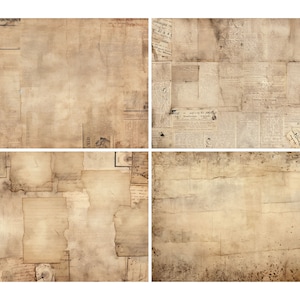 May include: Four vintage-style paper textures with a distressed, aged look. The paper has a cream color with brown and white text and markings. The paper has a worn and faded appearance.