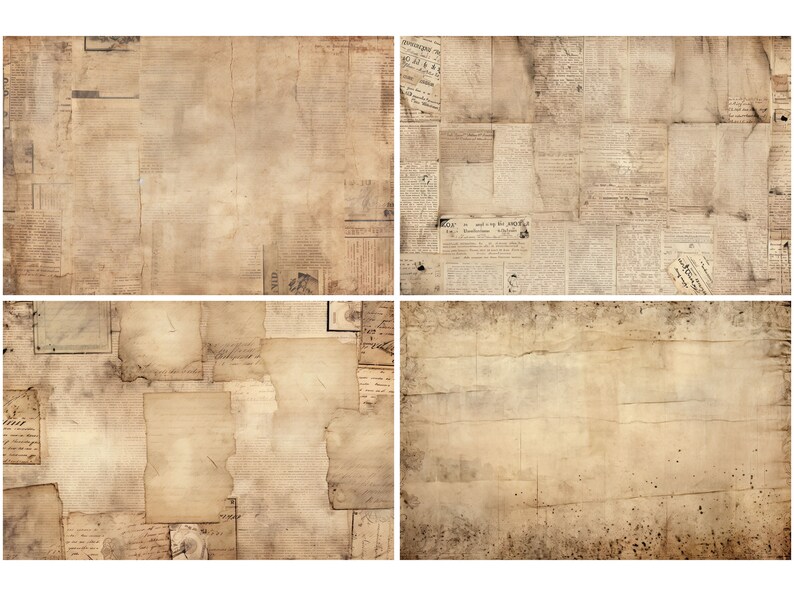 May include: Four vintage-style paper textures with a distressed, aged look. The paper has a cream color with brown and white text and markings. The paper has a worn and faded appearance.