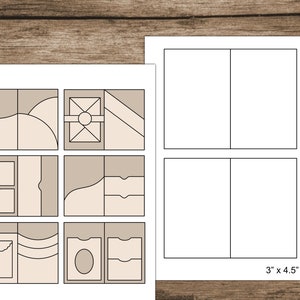 K&ouml;nnte beinhalten: Zwei Papierb&ouml;gen mit einem Design f&uuml;r ein Journal oder ein Sammelalbum. Ein Bogen hat ein Raster aus beige-wei&szlig;en geometrischen Formen. Der andere Bogen hat zwei leere Rechtecke. Der Text "3" x 4,5" Seiten" ist sichtbar.