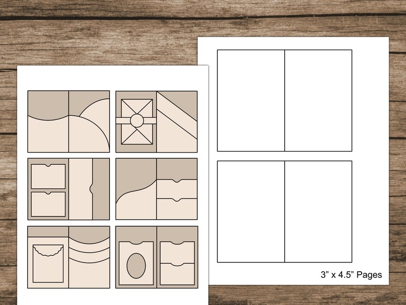K&ouml;nnte beinhalten: Zwei Papierb&ouml;gen mit einem Design f&uuml;r ein Journal oder ein Sammelalbum. Ein Bogen hat ein Raster aus beige-wei&szlig;en geometrischen Formen. Der andere Bogen hat zwei leere Rechtecke. Der Text "3" x 4,5" Seiten" ist sichtbar.