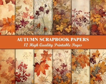 Fall Scrapbook Paper Autumn Junk Journal Pages Orange Digital Paper Background Pattern Leaves Forest Watercolor Paper Fall Ephemera