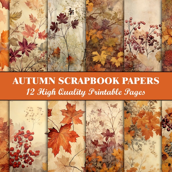 Autunno Scrapbook Paper Pagine di diario spazzatura autunnale Carta digitale arancione Sfondo modello Foglie Foresta Carta da acquerello Autunno Effimera