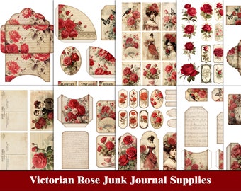 Victorian Rose Junk Journal Kit Printable Ephemera Floral Junk Journal Pages Tags Grungy Red Scrapbook Digital Paper Vintage Craft Supplies