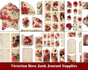 Viktorianisches Rose Junk Journal Kit druckbare Ephemera Floral Junk Journal Seiten Tags Grungy Red Scrapbook digitales Papier Vintage Bastelzubehör