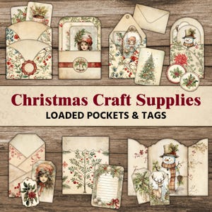 Kit de diario basura de Navidad Bolsillos Etiquetas Inserta Sobre Folio Diario basura de invierno Suministros de artesanía vintage Papel de álbum de recortes digital imprimibles