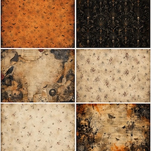 May include: A collection of six digital papers featuring Halloween-themed patterns. Designs include orange backgrounds with bats and webs, black damask with skulls, distressed parchment with crows and pumpkins, and aged paper with floral motifs.