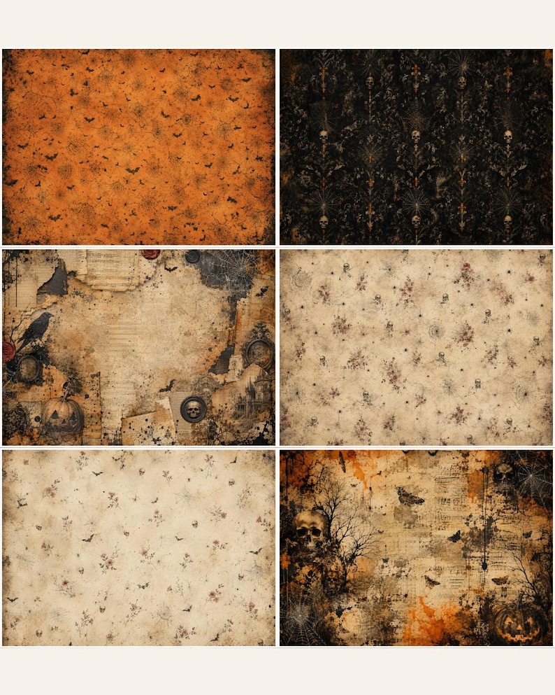 May include: A collection of six digital papers featuring Halloween-themed patterns. Designs include orange backgrounds with bats and webs, black damask with skulls, distressed parchment with crows and pumpkins, and aged paper with floral motifs.