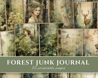 May include: A collection of 16 printable pages for a forest junk journal featuring watercolor-style illustrations of woodland scenes, deer, birds, and ethereal figures in muted green and earthy tones with the text FOREST JUNK JOURNAL 16 printable pages.