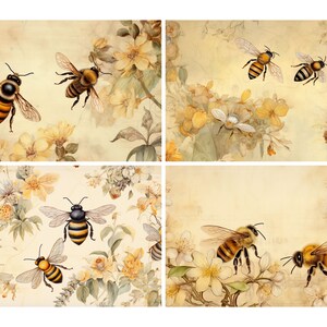 May include: Four digital illustrations of bees on a floral background. The bees are yellow and black with brown wings. The flowers are yellow and white with green leaves. The background is a light beige color.