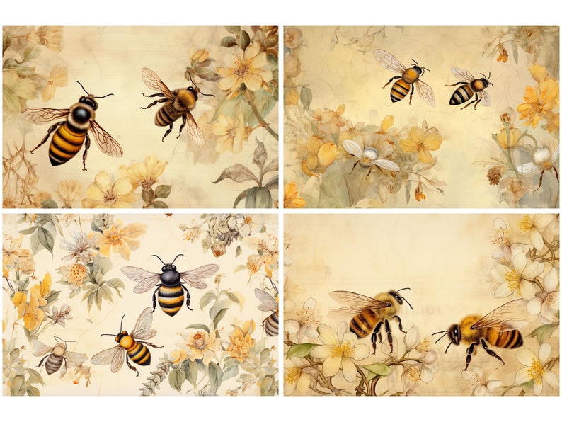 May include: Four digital illustrations of bees on a floral background. The bees are yellow and black with brown wings. The flowers are yellow and white with green leaves. The background is a light beige color.