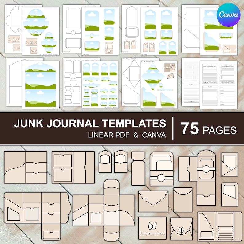 May include: A set of 75 printable junk journal templates in linear PDF and Canva format. The templates feature a variety of designs, including envelopes, tags, pockets, and boxes. The templates are perfect for adding a personal touch to your junk journal.