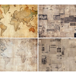 May include: A collage of four vintage world maps with a faded, aged look. The maps are printed on a textured paper background. The maps are in different styles and colors, with some showing more detail than others.