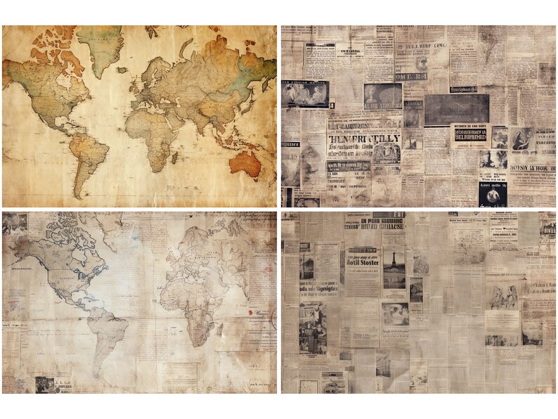 May include: A collage of four vintage world maps with a faded, aged look. The maps are printed on a textured paper background. The maps are in different styles and colors, with some showing more detail than others.