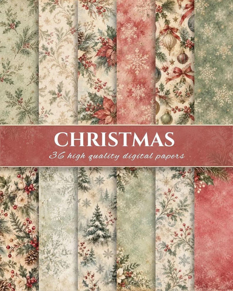 Retro Pattern Backing Paper Christmas Digital Paper Bundle | 192 Printable Papers | Vintage Winter ...