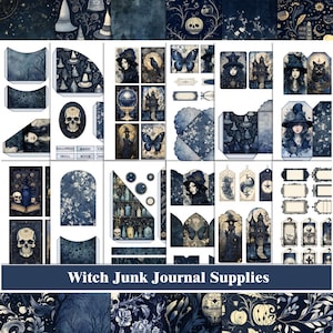 May include: A collection of digital printable witch themed junk journal supplies. The images include a variety of witchy elements, such as a witch's hat, a skull, a cauldron, a broom, a black cat, a moon, and stars. The images are in a dark blue and gold color scheme.