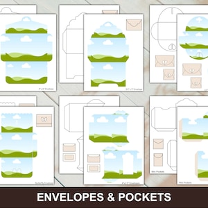 May include: Printable templates for envelopes and pockets with a landscape design. The design features a blue sky with white clouds and green hills. The templates are available in various sizes, including 4 x 5.5 inches, 3.5 x 5 inches, and 2.5 x 4.25 inches.