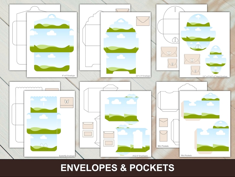 May include: Printable templates for envelopes and pockets with a landscape design. The design features a blue sky with white clouds and green hills. The templates are available in various sizes, including 4 x 5.5 inches, 3.5 x 5 inches, and 2.5 x 4.25 inches.