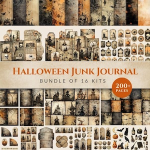 Könnte beinhalten: Ein Halloween-Junk-Journal-Paket mit 16 Sets, das über 200 Seiten bedrucktes Papier-Ephemera enthält. Die Sammlung zeigt Illustrationen im Vintage-Stil von Totenköpfen, Hexen, Kürbissen, Spukhäusern, Fledermäusen und Spinnen in Sepia- und Schwarztönen.