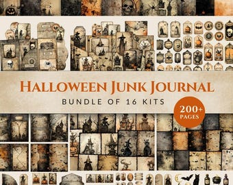 Halloween-skräpjournalpaket Skräpjournalkit Journalsidor Taggar Halloween-spöklika ephemerapaket Mörka Halloween-papper Hantverksmaterial