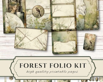 May include: A Forest Folio Kit featuring high quality printable pages with botanical and woodland imagery. The set includes a multi-panel folder, an envelope, and various tags, all decorated with muted green and brown forest illustrations.