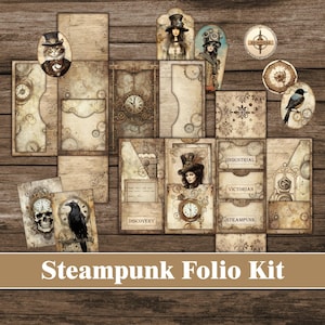 Könnte beinhalten: Ein digitales Scrapbooking-Set mit Steampunk-Thema. Das Set enthält Bilder von Zahnrädern, Uhren und Frauen aus der viktorianischen Zeit. Das Set enthält auch die Wörter "Industriell", "Viktorianisch", "Steampunk" und "Entdeckung".