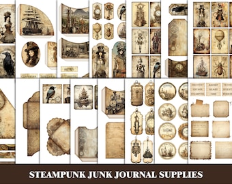 Steampunk Junk Journal Imprimable Ephemera Industrial Junk Journal Tags Étiquettes Digital Grungy Scrapbook Kit Victorian Grunge Craft Supplies