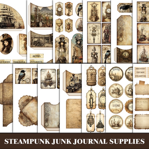 Steampunk Junk Journal Printable Ephemera Industrial Junk Journal Tags Labels Digital Grungy Scrapbook Kit Victorian Grunge Craft Supplies