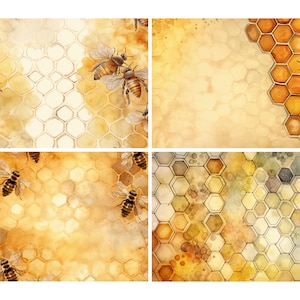 May include: Four watercolor illustrations of honeycombs with bees. The illustrations are in shades of yellow, brown, and white. The bees are depicted in a realistic style.