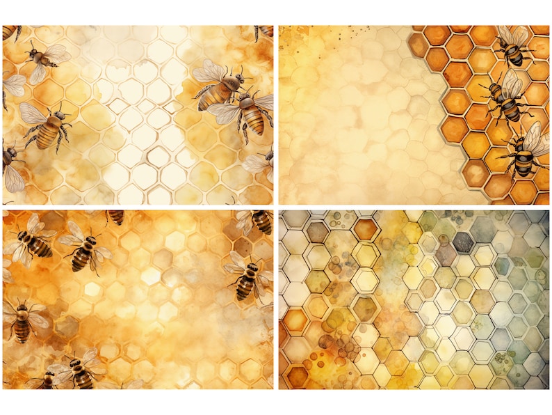 May include: Four watercolor illustrations of honeycombs with bees. The illustrations are in shades of yellow, brown, and white. The bees are depicted in a realistic style.