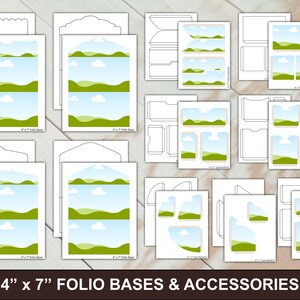 May include: Printable 4 x 7 inch folio bases and accessories with a green hills and blue sky design. The printable templates include a variety of shapes and sizes for creating custom folios.