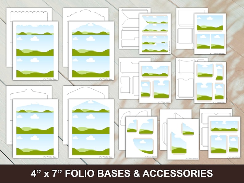 May include: Printable 4 x 7 inch folio bases and accessories with a green hills and blue sky design. The printable templates include a variety of shapes and sizes for creating custom folios.