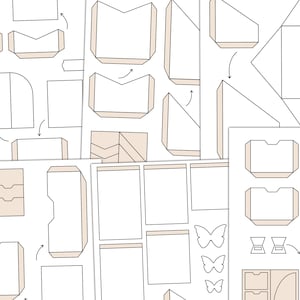 May include: Printable paper craft templates for creating various boxes, envelopes, and other paper crafts. The templates include instructions for folding and assembling the crafts.