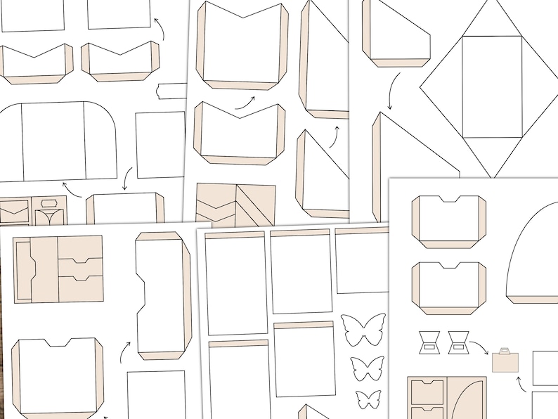 May include: Printable paper craft templates for creating various boxes, envelopes, and other paper crafts. The templates include instructions for folding and assembling the crafts.