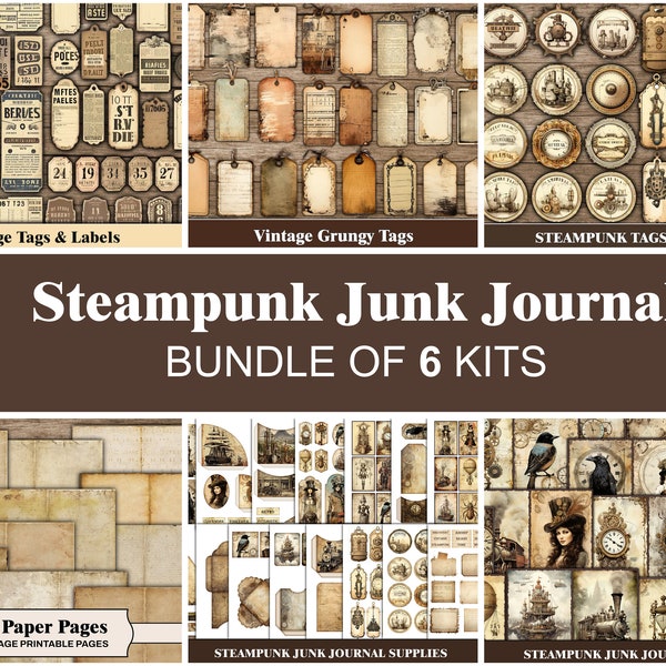 Steampunk Junk Journal Kit Druckbares Ephemera Bundle Industrial Junk Journal Seiten Tags Grungy Scrapbook Digitales Papier Bastelzubehör