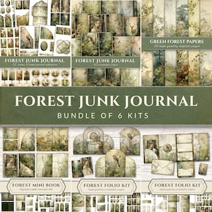 Puede incluir: Un paquete de diario basura digital de 6 kits titulado Forest Junk Journal. La colección presenta páginas imprimibles, efímeras y kits de folios con ilustraciones de temática forestal, incluyendo escenas de bosques, aves, ciervos y retratos en tonos verdes.