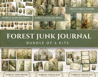 May include: A digital junk journal bundle of 6 kits titled Forest Junk Journal. The collection features printable pages, ephemera, and folio kits with forest-themed illustrations, including woodland scenes, birds, deer, and portraits in green tones.