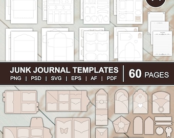Op de afbeelding: Een set van 60 afdrukbare junk journal-sjablonen in zwart-wit. De sjablonen omvatten enveloppen, zakken, labels en andere decoratieve elementen. De sjablonen zijn ontworpen voor gebruik met een junk journal, een soort scrapbook of dagboek.