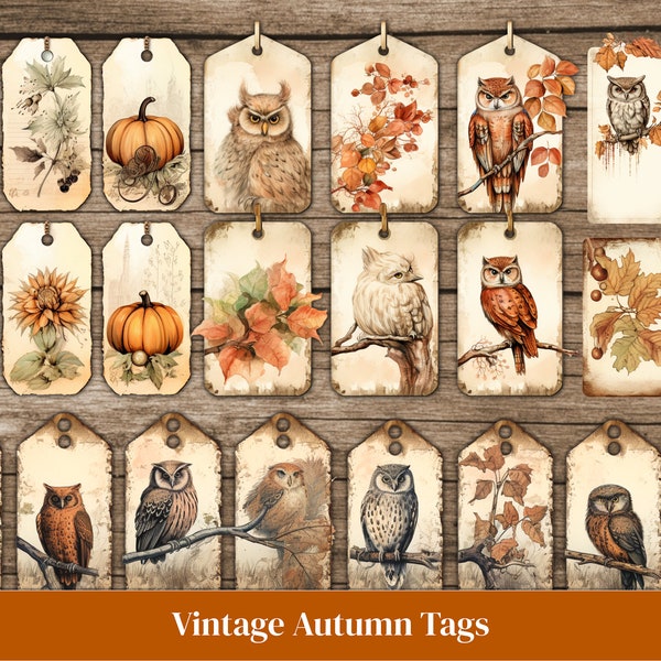 Fall Junk Journal Tags, Autumn Junk Journal Kit, Owl, Pumpkin, Bird Ephemera Digital Printable, Autumn Scrapbook, Fall Fussy Cuts Labels