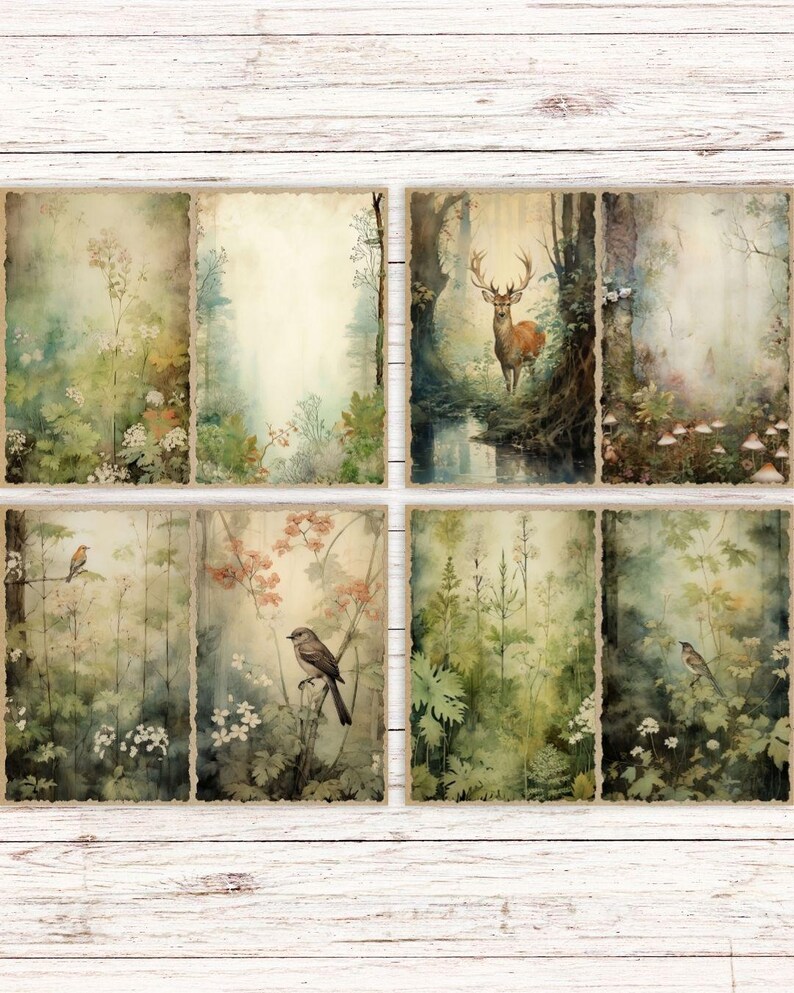 May include: A set of eight rectangular paper cards featuring watercolor-style illustrations of forest scenes, including a deer standing by a stream, various small birds perched on branches, wildflowers, mushrooms, and dense green foliage.