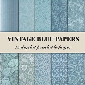May include: A digital paper pack with 15 printable pages featuring vintage blue patterns. The patterns include stripes, floral designs, and damask.