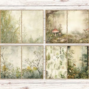 May include: A set of eight rectangular paper sheets featuring watercolor illustrations of forest scenes, including mushrooms, wild grasses, ferns, and trees in muted shades of green, brown, and cream with deckled edges on the sides.