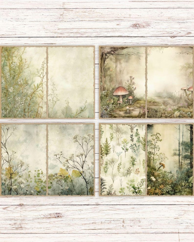 May include: A set of eight rectangular paper sheets featuring watercolor illustrations of forest scenes, including mushrooms, wild grasses, ferns, and trees in muted shades of green, brown, and cream with deckled edges on the sides.