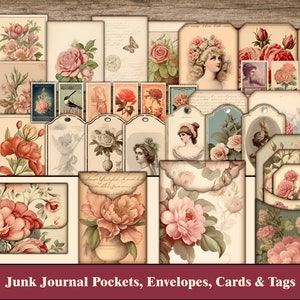 Junk Journal Kit | Junk Journal Tags, Junk Journal Tab Folio Ephemera Pockets Digitals Printables, Grungy Junk Journal, Shabby Chic, Vintage