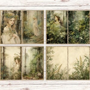 May include: A set of eight rectangular paper cards featuring illustrations of figures in flowing white garments amidst lush green forests, dense foliage, and wildflowers, all rendered in a soft, muted color palette with a vintage aesthetic.