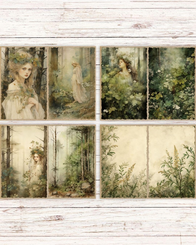 May include: A set of eight rectangular paper cards featuring illustrations of figures in flowing white garments amidst lush green forests, dense foliage, and wildflowers, all rendered in a soft, muted color palette with a vintage aesthetic.