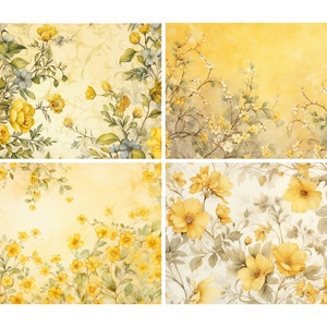 May include: A digital collage of four images featuring yellow flowers on a yellow and white background. The images are arranged in a grid pattern.